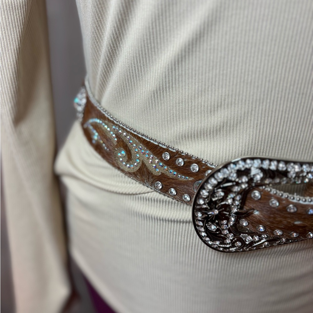 Nocona Genuine Leather Calf Hair on Hide Rhinestone Belt Rodeo Western Bling - Picture 11 of 16